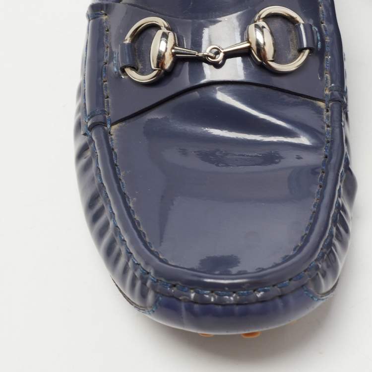 Pre Owned Gucci Blue Patent Leather Horsebit Slip On Loafers Size 36.5