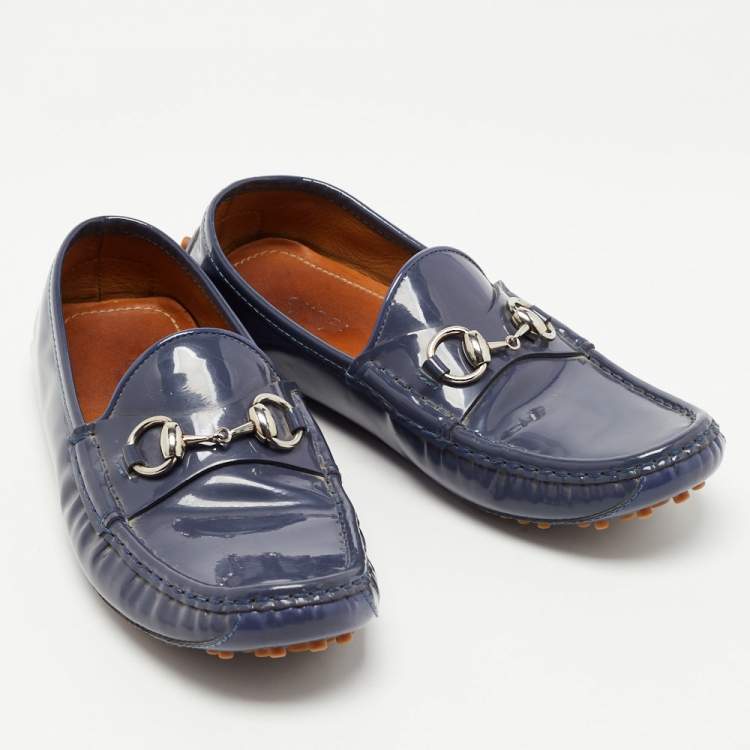 Pre Owned Gucci Blue Patent Leather Horsebit Slip On Loafers Size 36.5