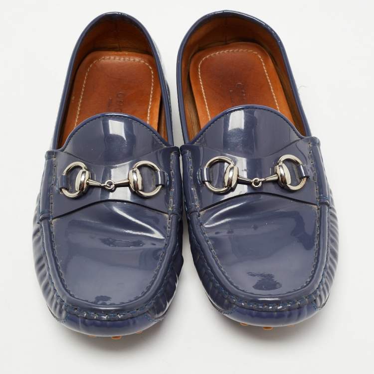 Pre Owned Gucci Blue Patent Leather Horsebit Slip On Loafers Size 36.5