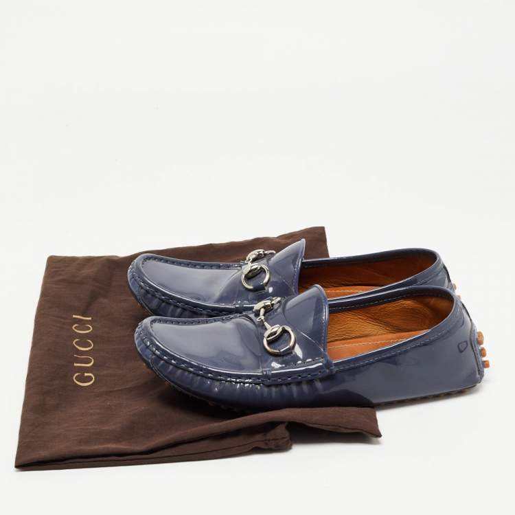 Pre Owned Gucci Blue Patent Leather Horsebit Slip On Loafers Size 36.5