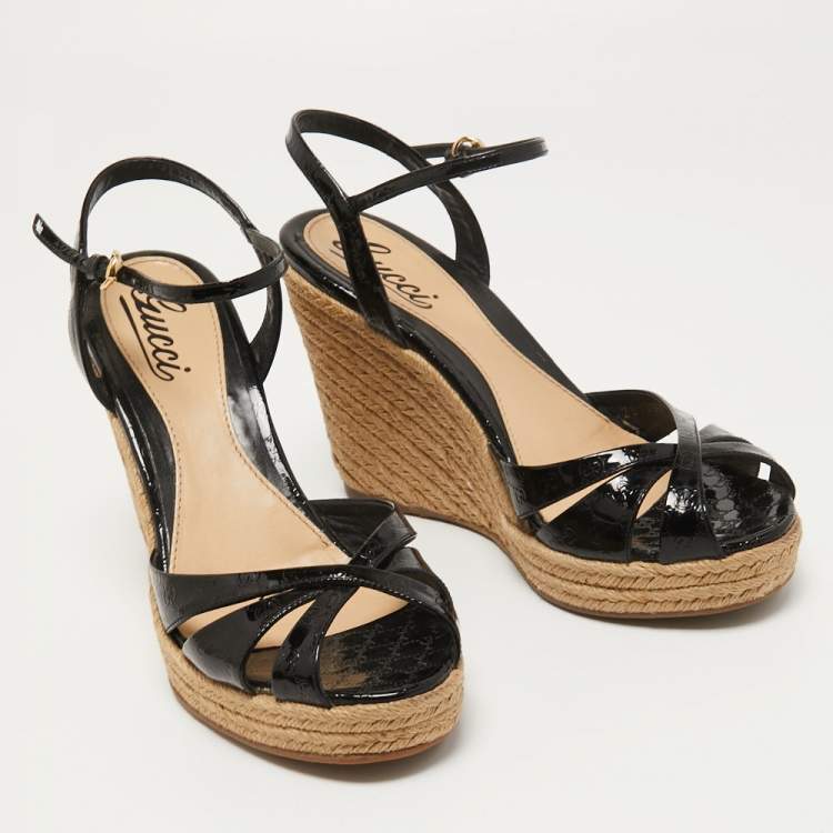 Pre Owned Gucci Black Micro Guccissima Patent Leather Penelope Espadrille Wedge Sandals Size 38.5