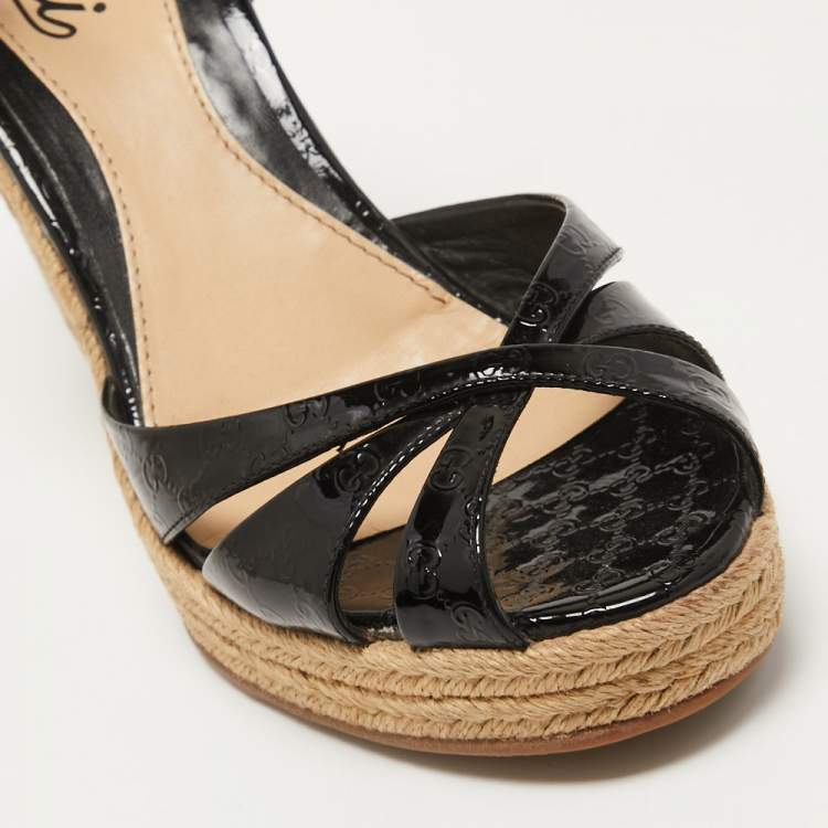 Pre Owned Gucci Black Micro Guccissima Patent Leather Penelope Espadrille Wedge Sandals Size 38.5