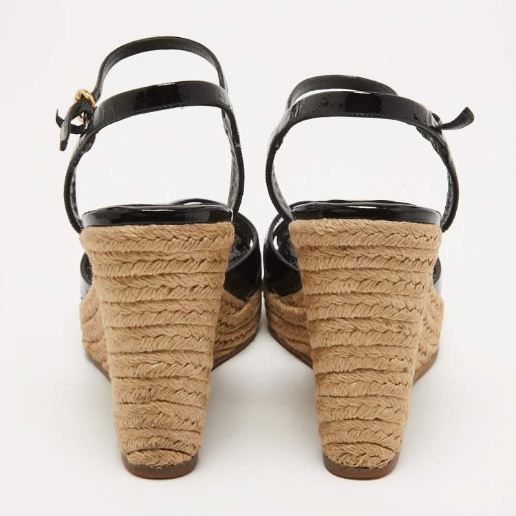 Pre Owned Gucci Black Micro Guccissima Patent Leather Penelope Espadrille Wedge Sandals Size 38.5
