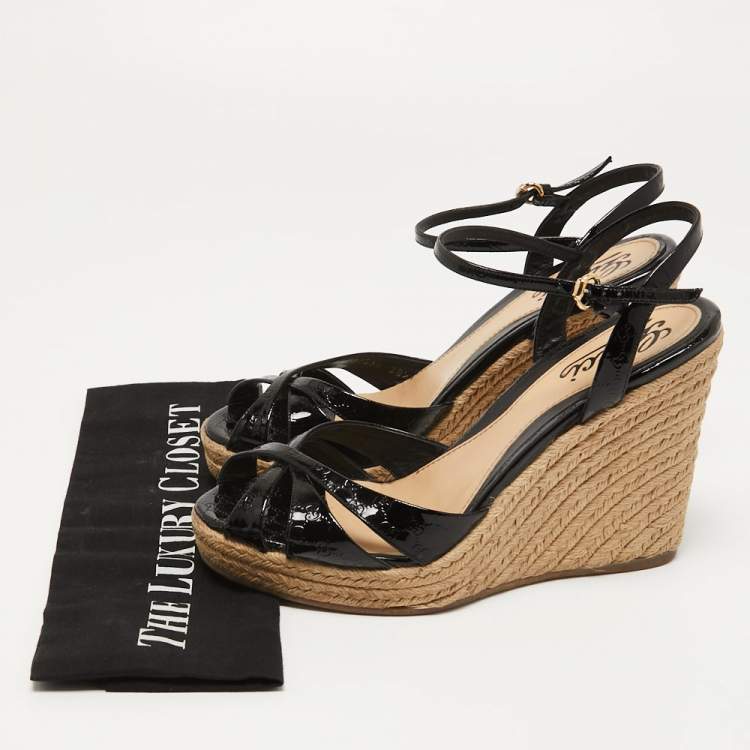 Pre Owned Gucci Black Micro Guccissima Patent Leather Penelope Espadrille Wedge Sandals Size 38.5
