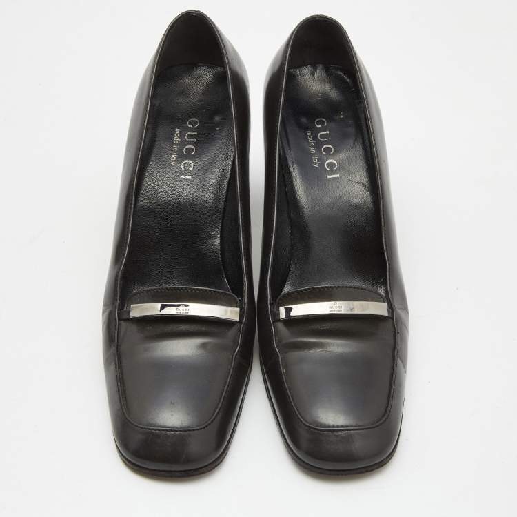 Pre Owned Gucci Dark Grey Leather Loafer Pumps Size 37.5