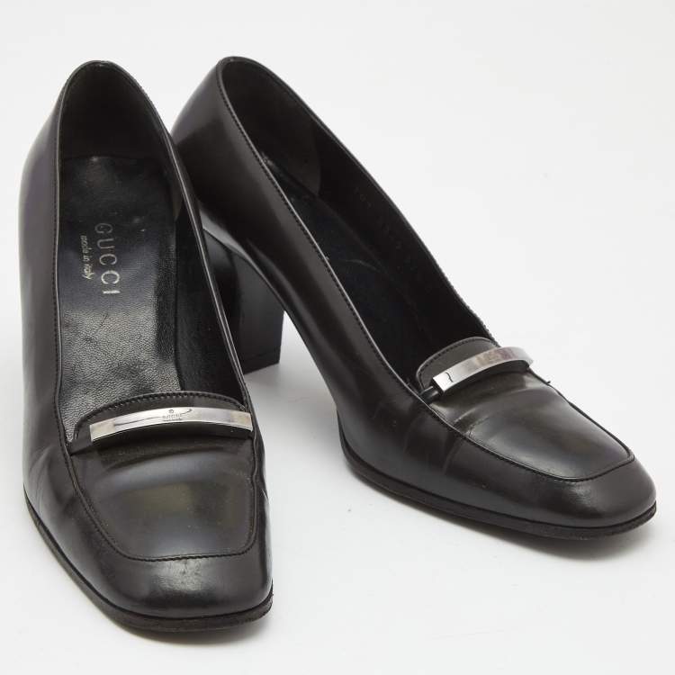 Pre Owned Gucci Dark Grey Leather Loafer Pumps Size 37.5