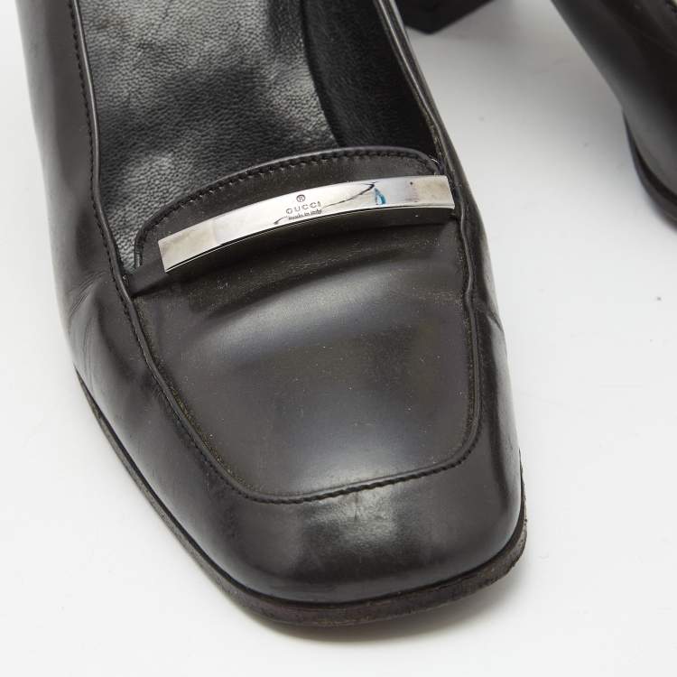 Pre Owned Gucci Dark Grey Leather Loafer Pumps Size 37.5