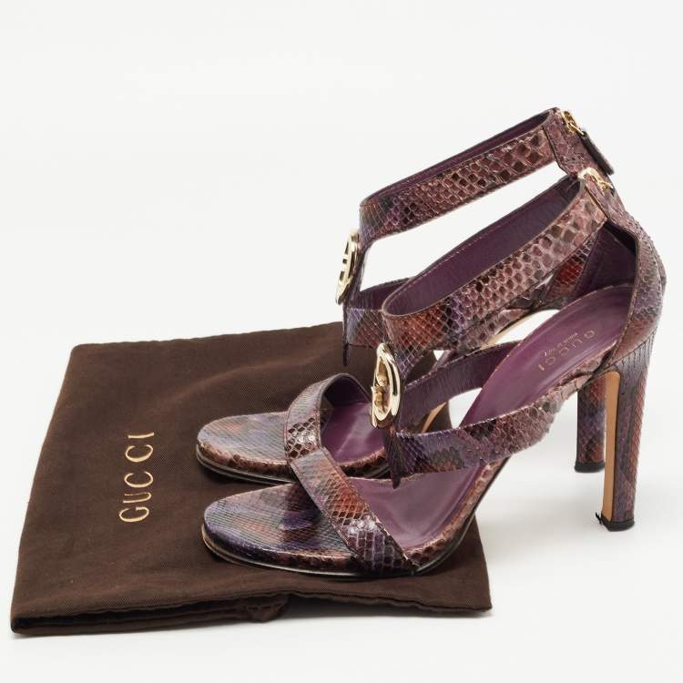 Pre Owned Gucci Multicolor Python  GG Logo Ankle Strap Sandals Size 38.5