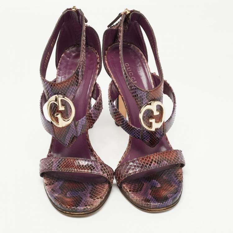 Pre Owned Gucci Multicolor Python  GG Logo Ankle Strap Sandals Size 38.5
