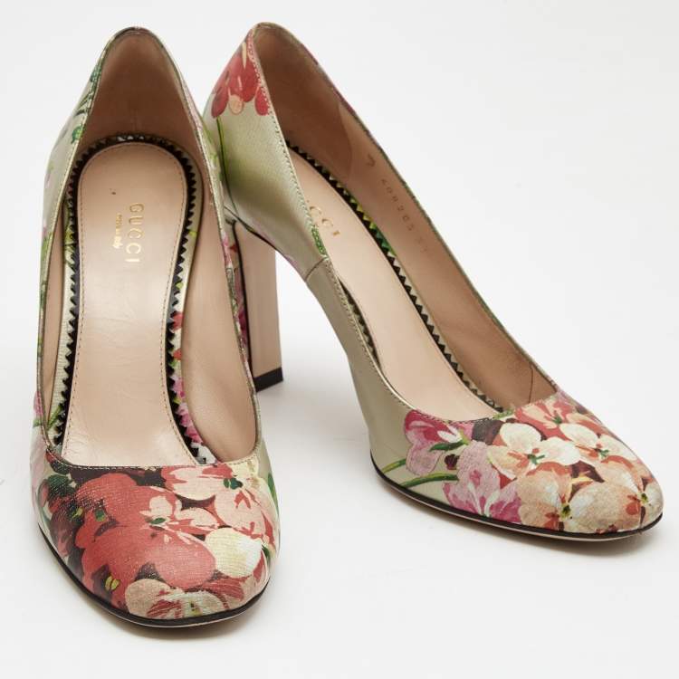 Pre Owned Gucci Multicolor Floral Leather Block Heel Pumps Size 37.5 