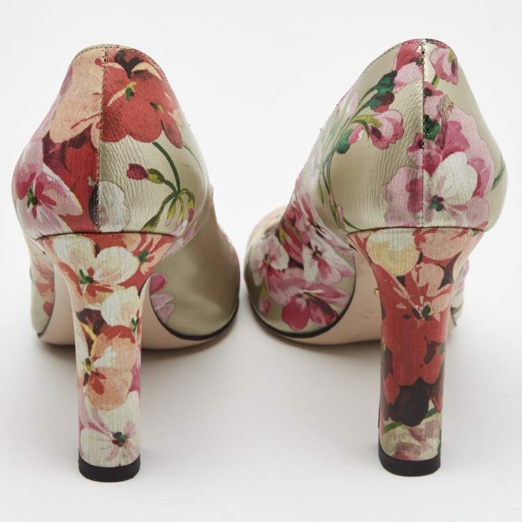Pre Owned Gucci Multicolor Floral Leather Block Heel Pumps Size 37.5 
