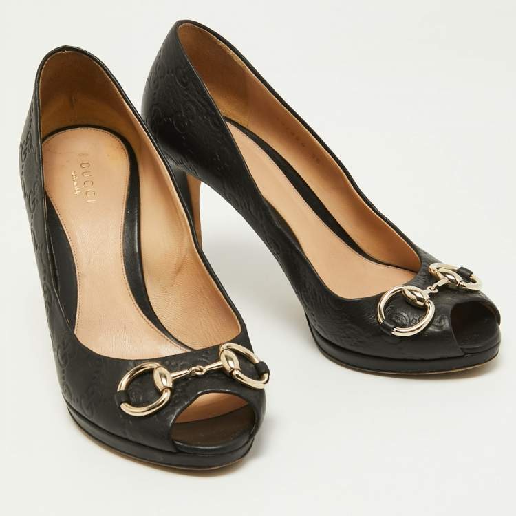 Pre Owned Gucci Black Guccissima Leather New Hollywood Horsebit Peep-Toe Platform Pumps Size 38