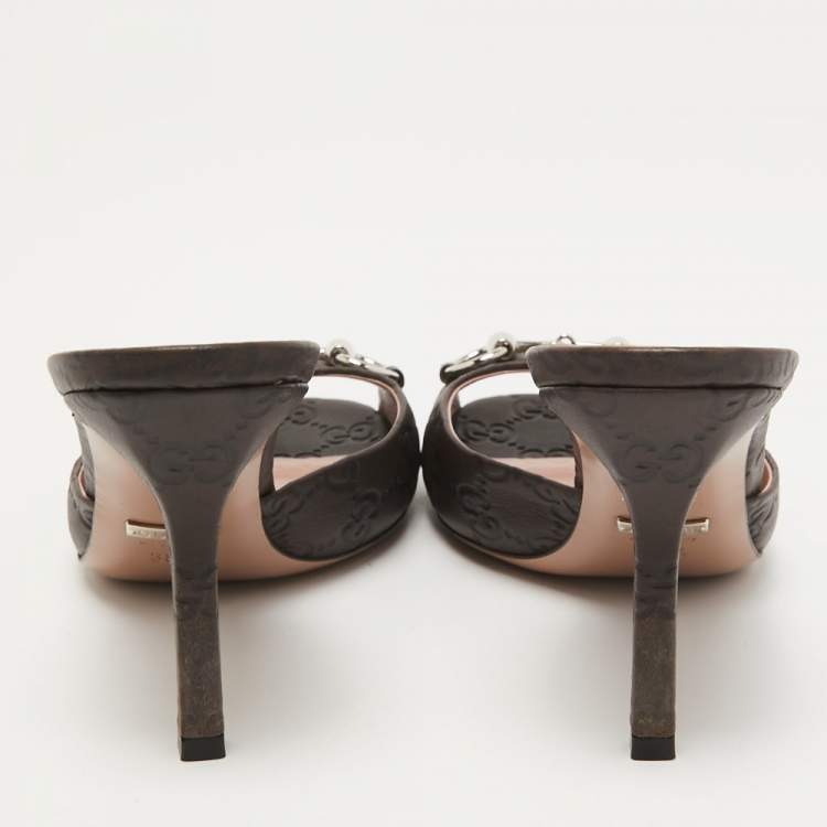 Pre Owned Gucci Dark Brown Guccissima Leather Horsebit Slide Sandals Size 38.5