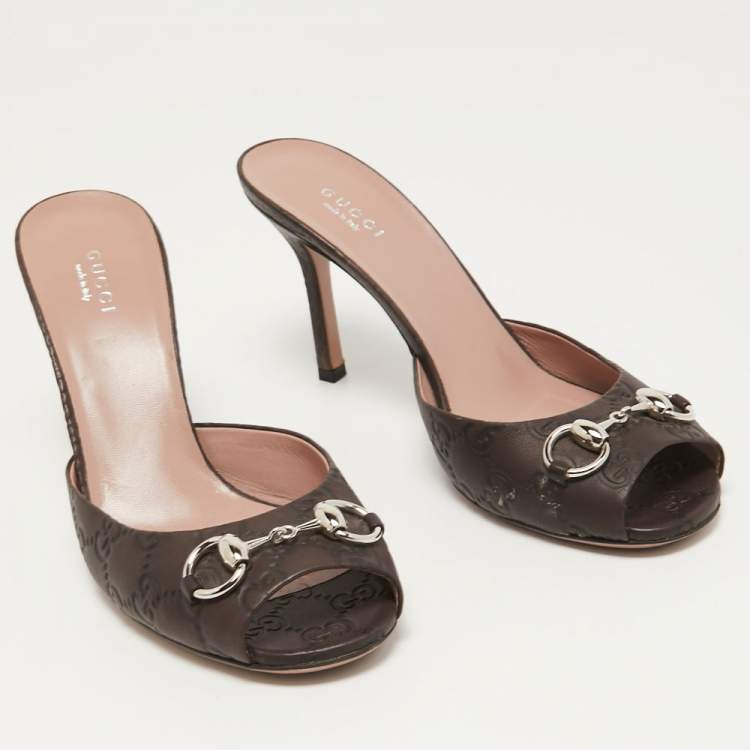 Pre Owned Gucci Dark Brown Guccissima Leather Horsebit Slide Sandals Size 38.5