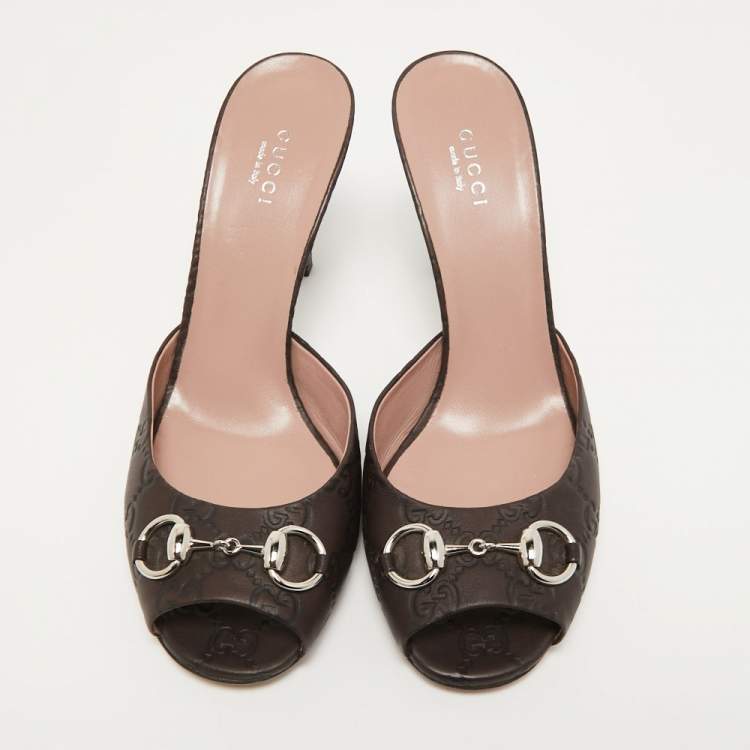 Pre Owned Gucci Dark Brown Guccissima Leather Horsebit Slide Sandals Size 38.5