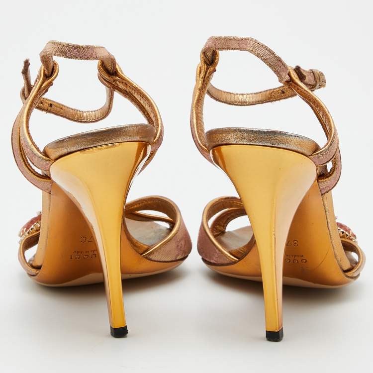Pre Owned Gucci Metallic Gold Brocade Fabric and Leather Bee Embellished Ankle Strap Sandals Size 37