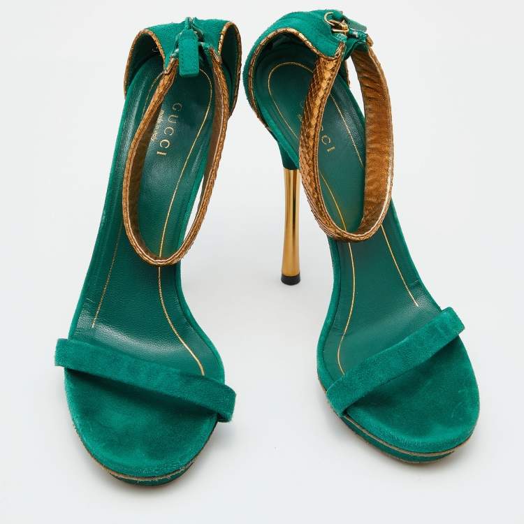 Pre Owned Gucci Green/Gold Suede and Snakeskin Leather Ankle Strap Sandals Size 37.5