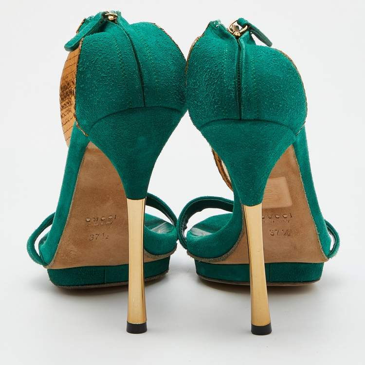 Pre Owned Gucci Green/Gold Suede and Snakeskin Leather Ankle Strap Sandals Size 37.5