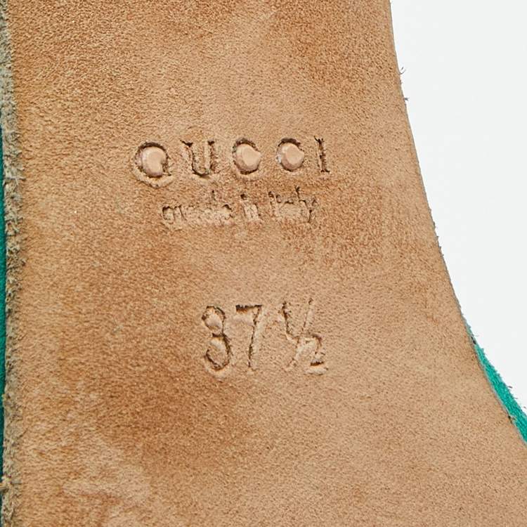 Pre Owned Gucci Green/Gold Suede and Snakeskin Leather Ankle Strap Sandals Size 37.5