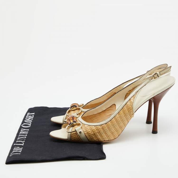 مملوكة مسبقًا Gucci Beige/Cream Raffia and Leather Bamboo Horsebit Slingback Pumps Size 41