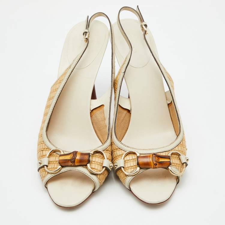 مملوكة مسبقًا Gucci Beige/Cream Raffia and Leather Bamboo Horsebit Slingback Pumps Size 41