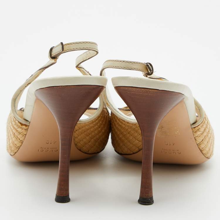 مملوكة مسبقًا Gucci Beige/Cream Raffia and Leather Bamboo Horsebit Slingback Pumps Size 41