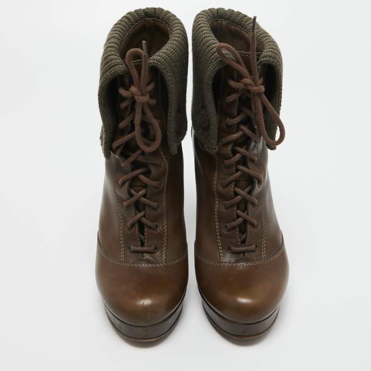 Pre Owned Gucci Olive Green Leather and Knit Fabric Lace Up Platform Boots Size 38