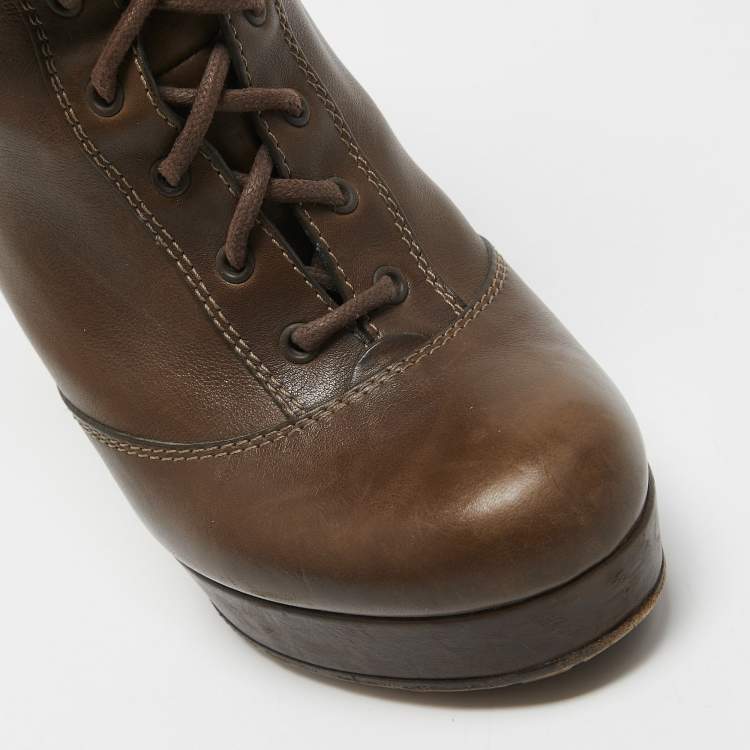 Pre Owned Gucci Olive Green Leather and Knit Fabric Lace Up Platform Boots Size 38
