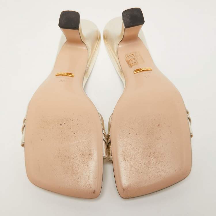 Pre Owned Gucci Gold Leather Crystal Embellished Dora Slide Sandals Size 38