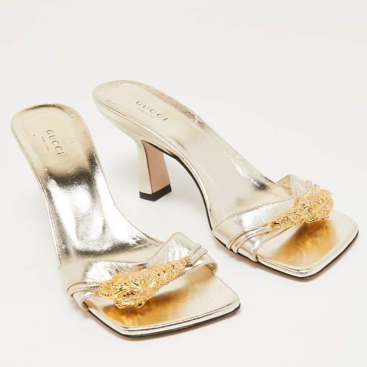 Pre Owned Gucci Gold Leather Crystal Embellished Dora Slide Sandals Size 38
