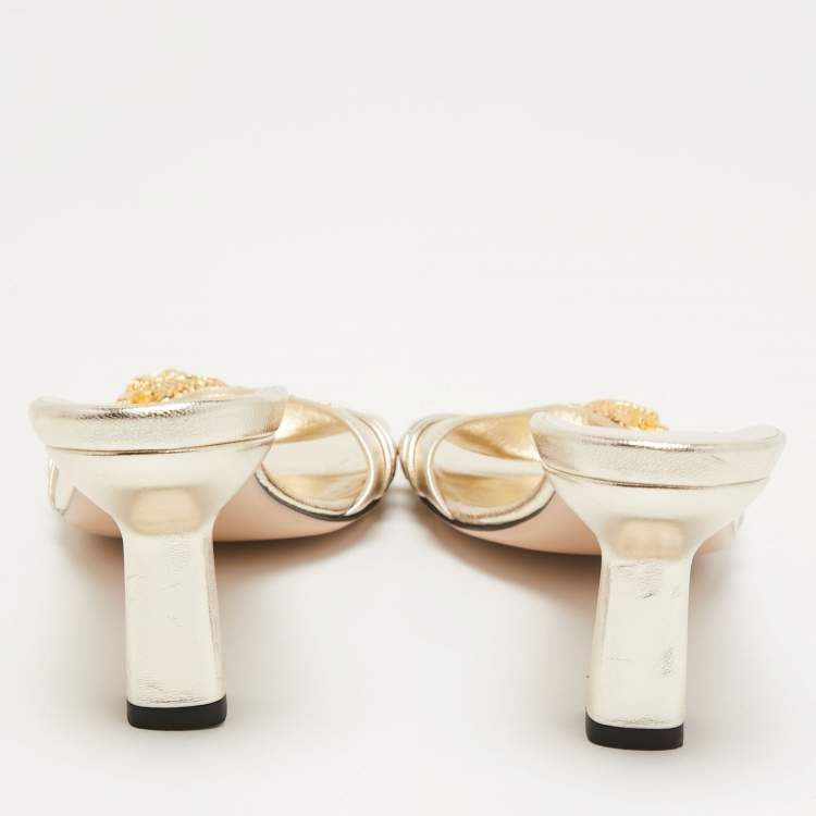 Pre Owned Gucci Gold Leather Crystal Embellished Dora Slide Sandals Size 38