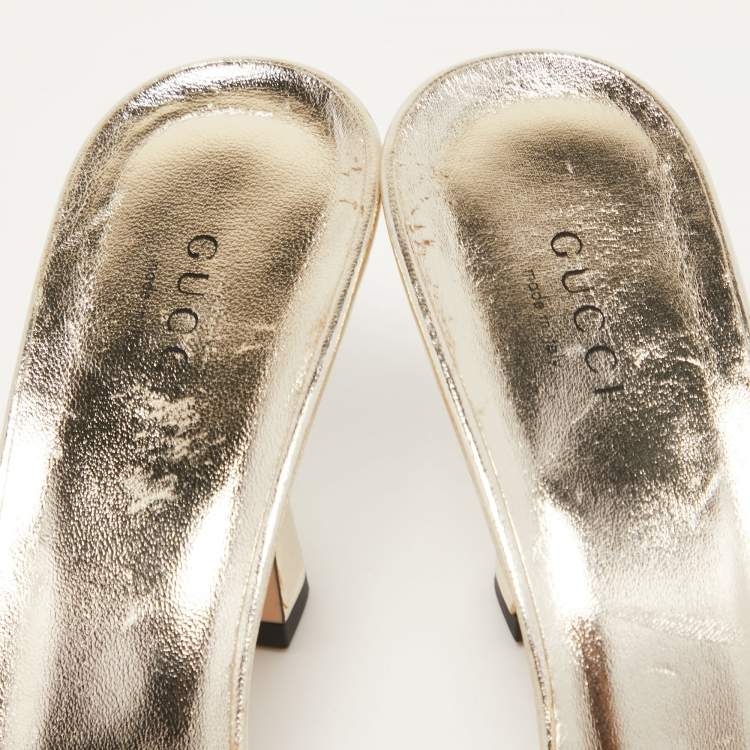 Pre Owned Gucci Gold Leather Crystal Embellished Dora Slide Sandals Size 38