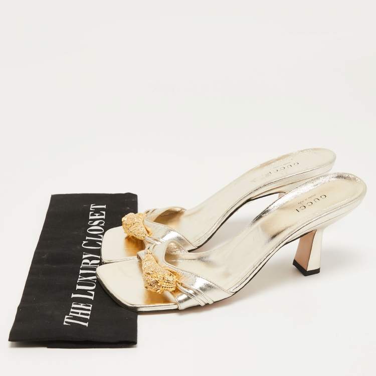 Pre Owned Gucci Gold Leather Crystal Embellished Dora Slide Sandals Size 38