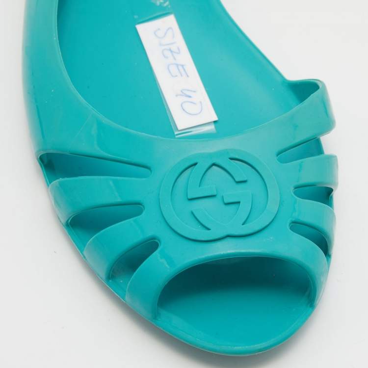 Pre Owned Gucci Turquoise Blue Jelly Interlocking GG Marola Ballet Flats Size 40
