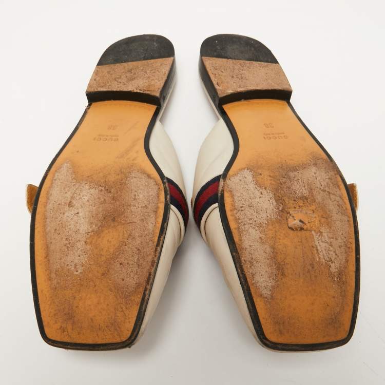 Pre Owned Gucci Cream Leather Princetown Flat Mules Size 38
