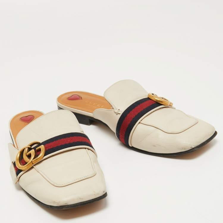 Pre Owned Gucci Cream Leather Princetown Flat Mules Size 38