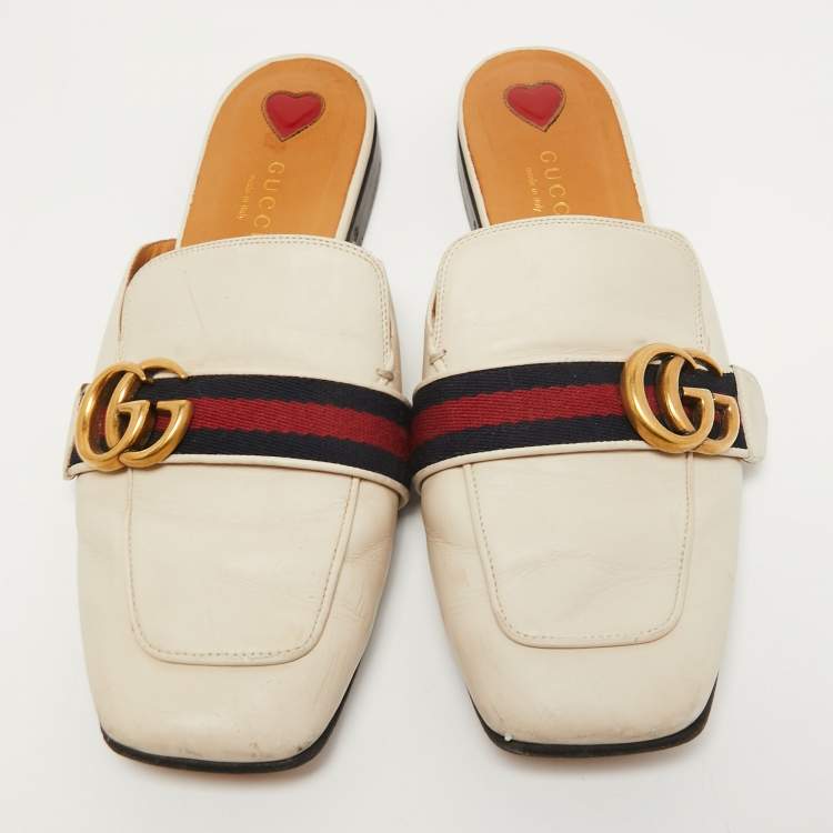 Pre Owned Gucci Cream Leather Princetown Flat Mules Size 38