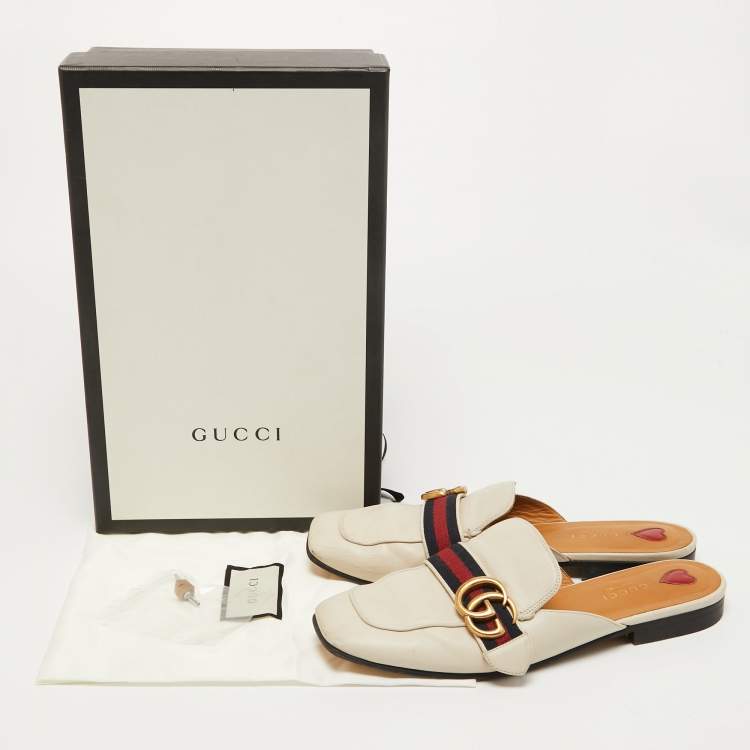 Pre Owned Gucci Cream Leather Princetown Flat Mules Size 38