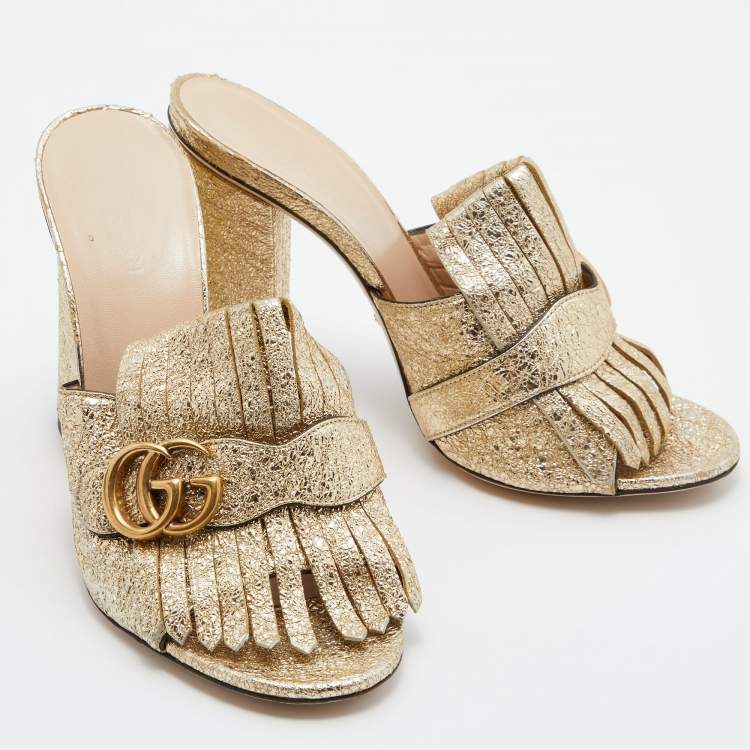 مملوكة مسبقًا Gucci Metallic Gold Texture Leather Double G Marmont Fringe Slide Sandals Size 39