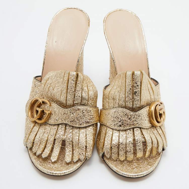 مملوكة مسبقًا Gucci Metallic Gold Texture Leather Double G Marmont Fringe Slide Sandals Size 39