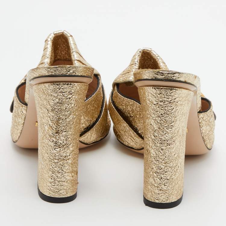 مملوكة مسبقًا Gucci Metallic Gold Texture Leather Double G Marmont Fringe Slide Sandals Size 39