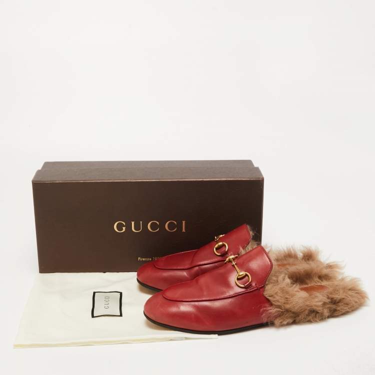 Pre Owned Gucci Dark Red Leather and Fur Princetown Flat Mules Size 38