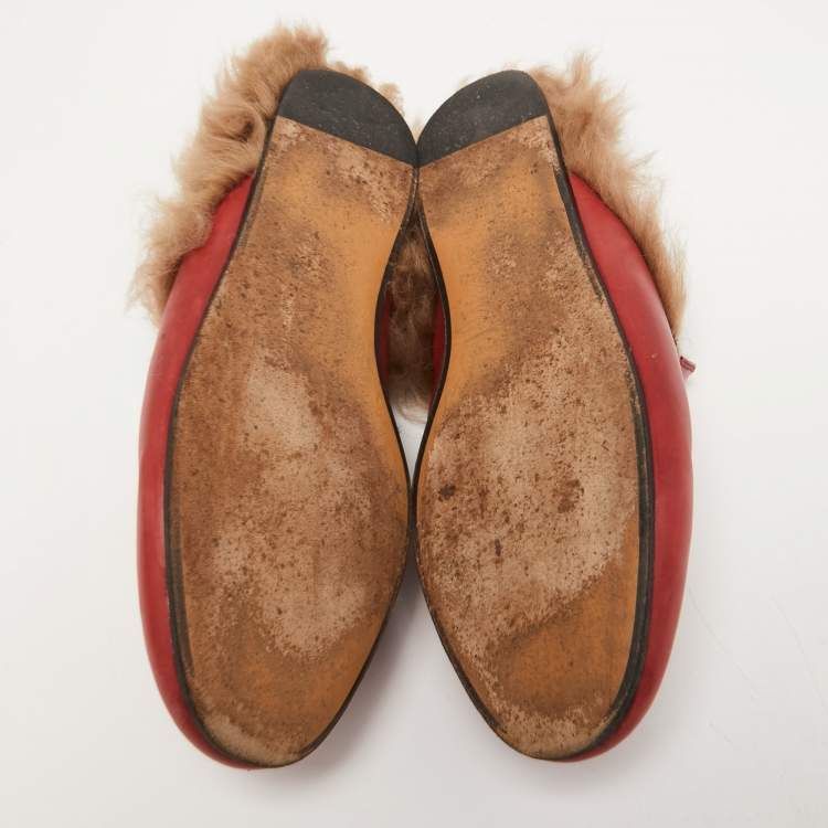 Pre Owned Gucci Dark Red Leather and Fur Princetown Flat Mules Size 38