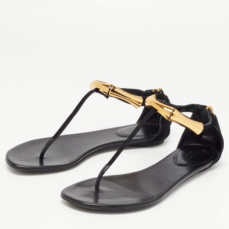 Pre Owned Gucci Black Suede and Leather Thong Ankle Strap Sandals Size 35.5