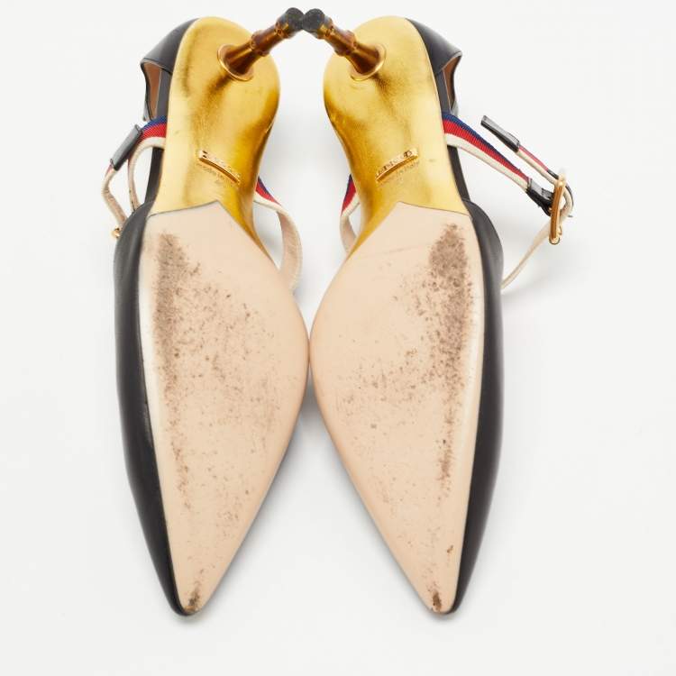Pre Owned Gucci Black Leather Sylvie Web Strap Bamboo Heel Unia Pumps Size 40