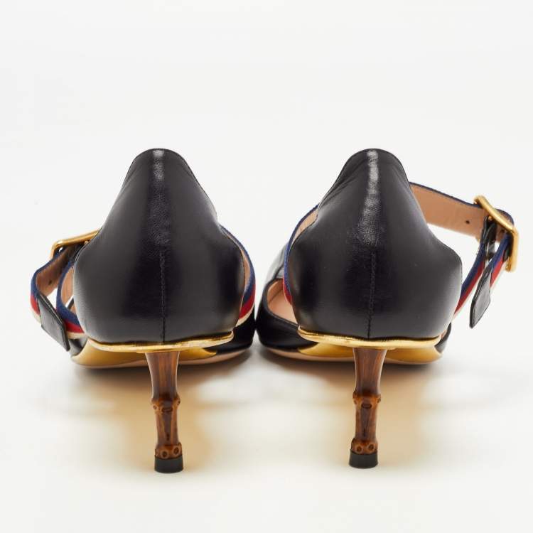 Pre Owned Gucci Black Leather Sylvie Web Strap Bamboo Heel Unia Pumps Size 40