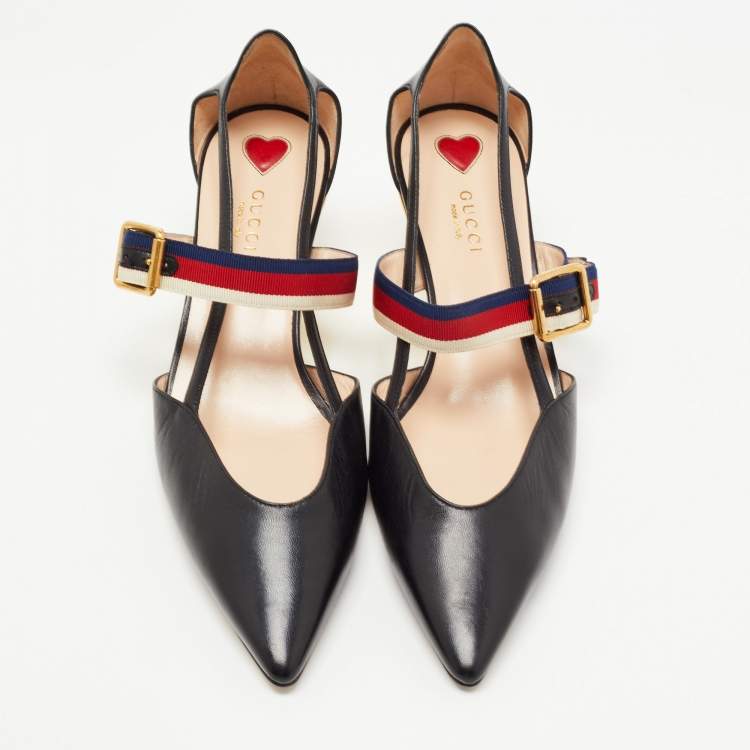 Pre Owned Gucci Black Leather Sylvie Web Strap Bamboo Heel Unia Pumps Size 40