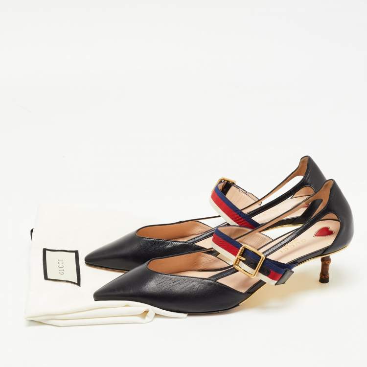 Pre Owned Gucci Black Leather Sylvie Web Strap Bamboo Heel Unia Pumps Size 40