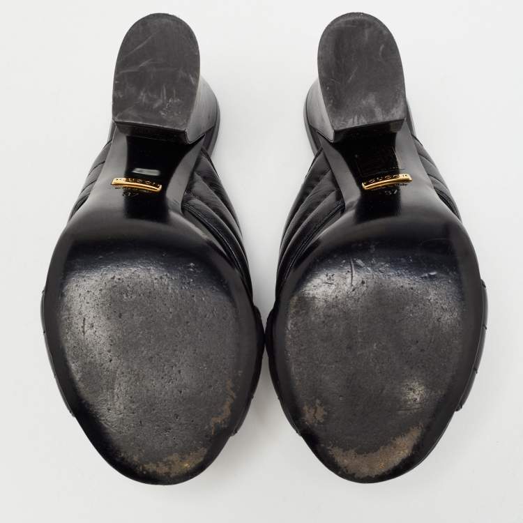 Pre Owned Gucci Black Quilted Leather Webby Criss Cross Open Toe Mules Size 37