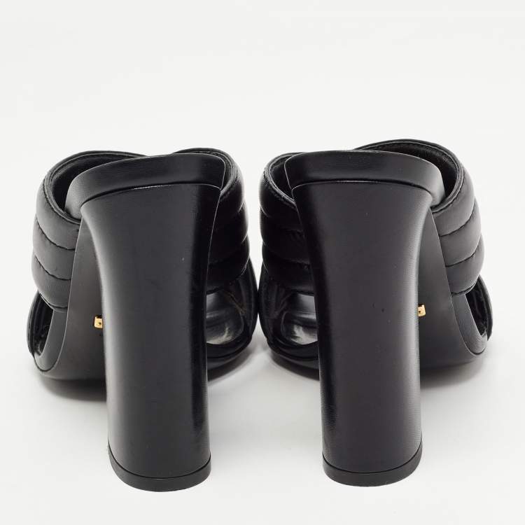 Pre Owned Gucci Black Quilted Leather Webby Criss Cross Open Toe Mules Size 37